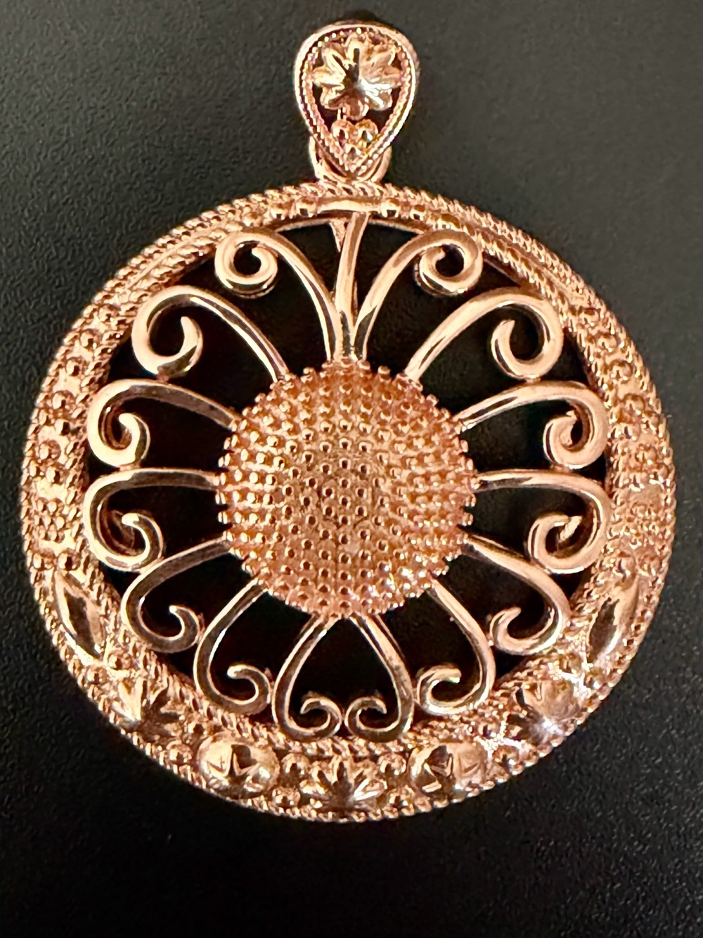 VINTAGE JZ CHINA ROSE GOLD PLATED FILIGREE MANDALA SUNFLOWER STATEMENT NECKLACE